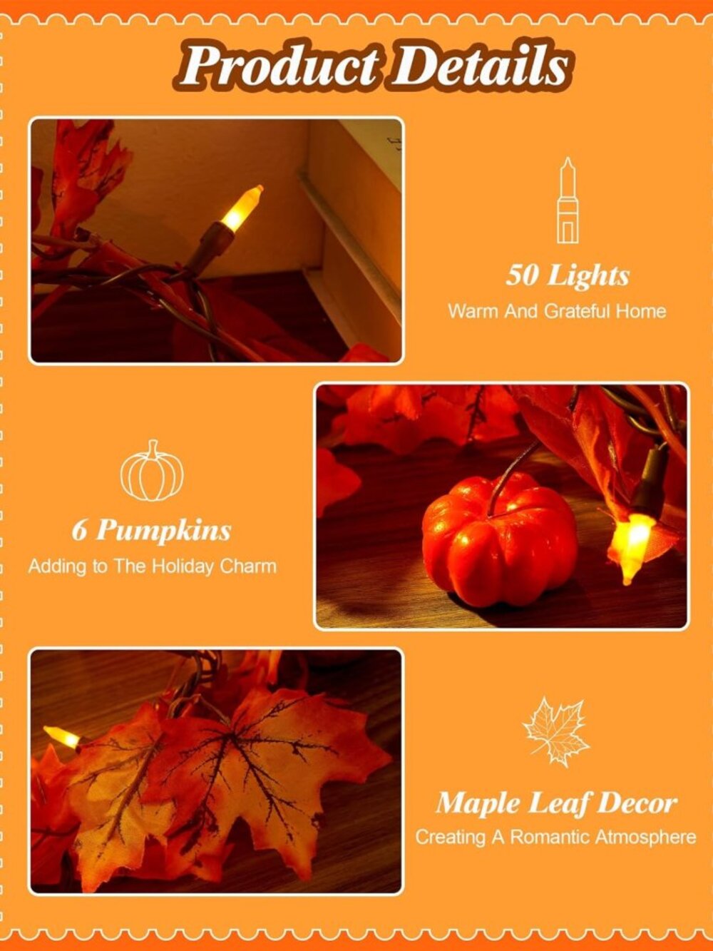 11FT Fall Garland with Lights - 50 Connectable Maple Leaves & Pumpkins - Picture 8 of 9